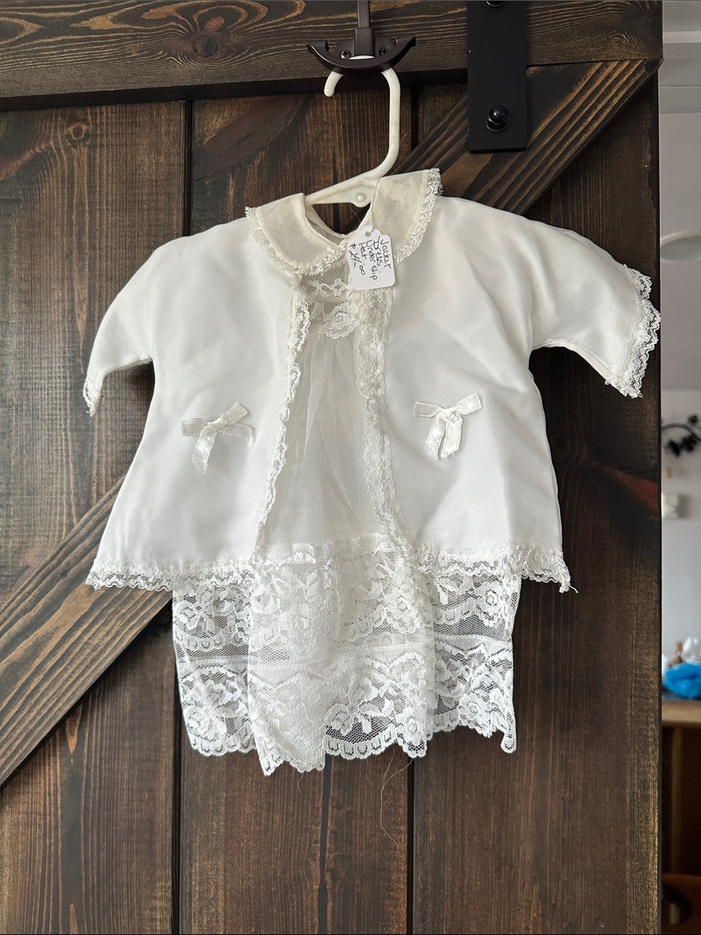 White Lace Baby Dress & Jacket Set with bonnet